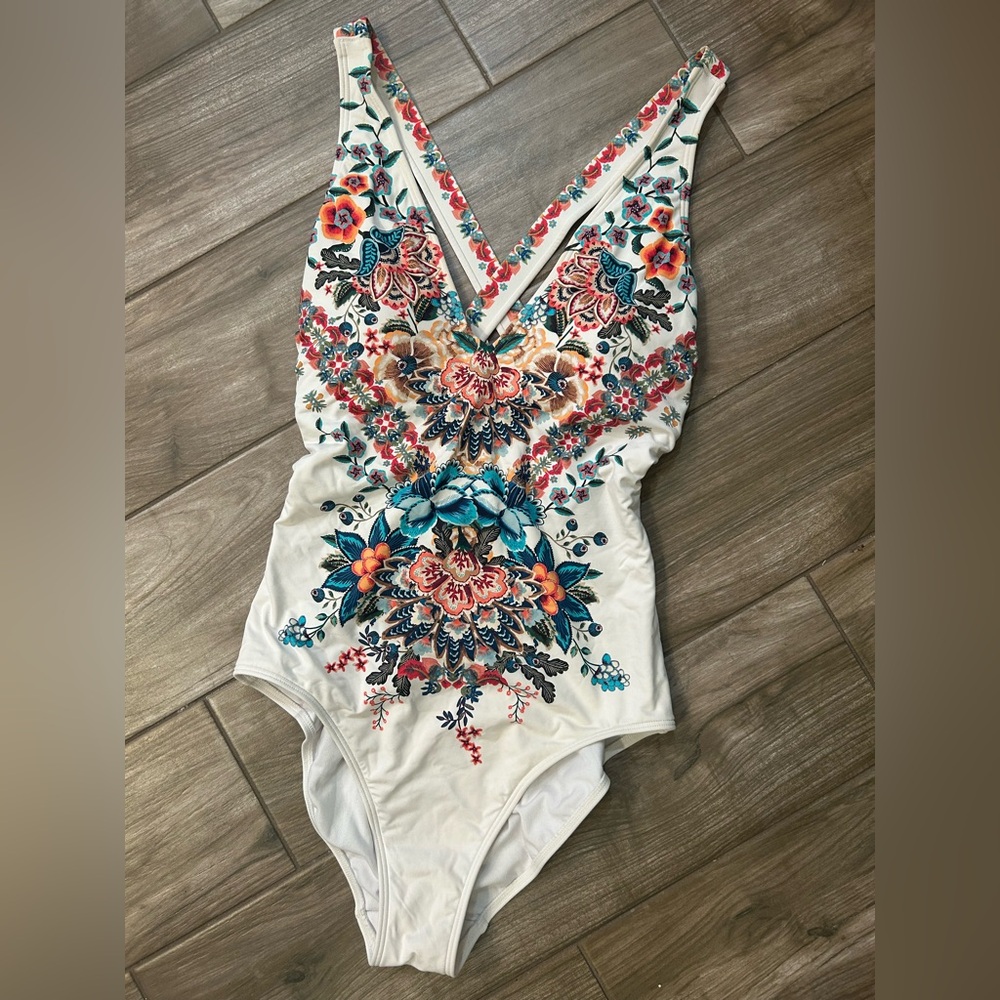 JOHNNY WAS swimsuit boho white floral M (8-10)